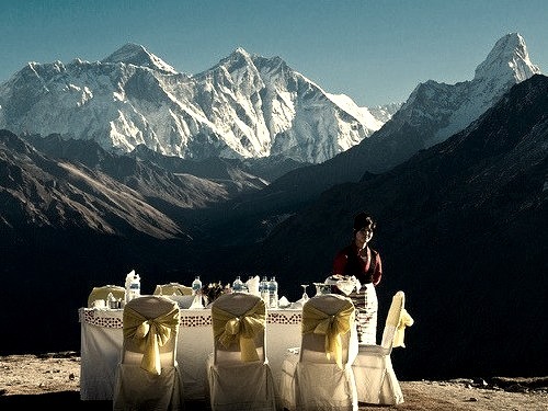 Table with a view with Mount Everest in the background at Yeti Mountain Lodge, Nepal